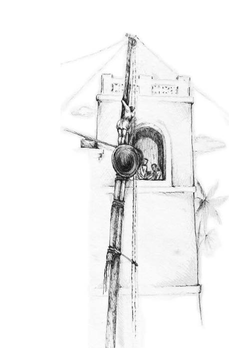 Sketch of the largest bell in the belfrey being hoisted into the bell tower in 1937. Genelle Alves. 2015.