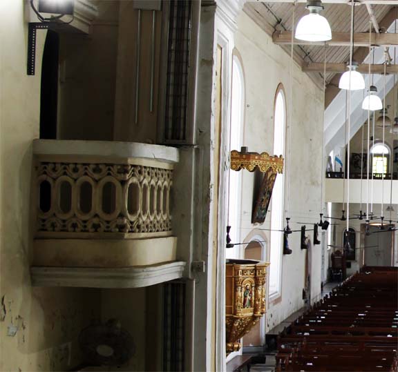 The ‘Juliet balcony’ in the Sanctuary, (below) was from where indisposed priests could attend Mass out of view of the rest of the faithful in the church.